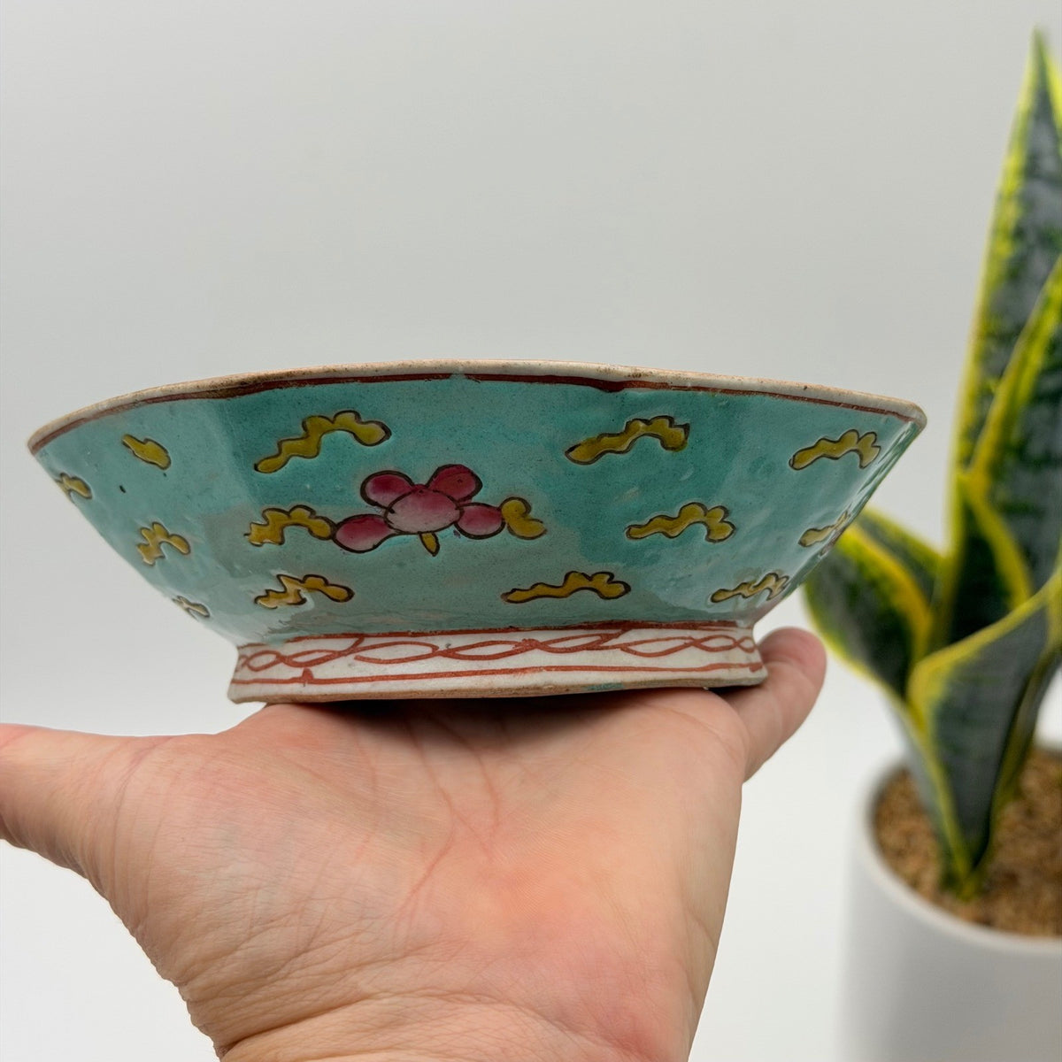 Antique Nyonya Peranakan Octagonal Turquoise Footed Bowl Floral 5.5"