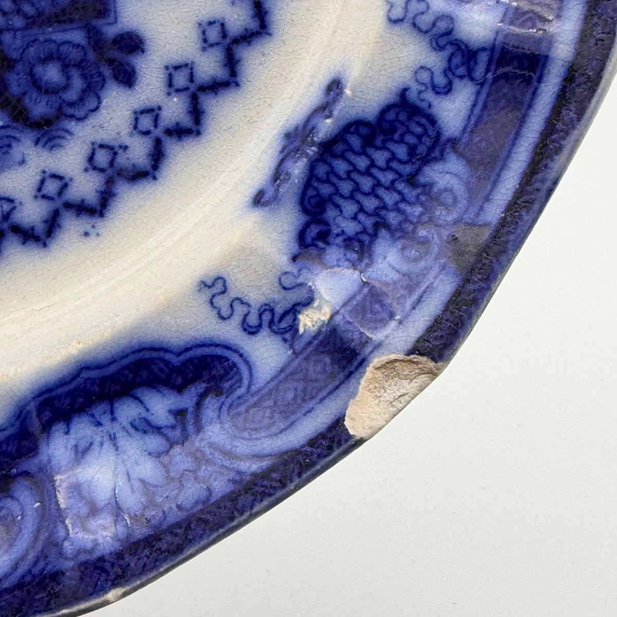 Antique T.J. & J. Mayer Oregon Flow Blue Plate Chinese Pagoda Stained & Crazed
