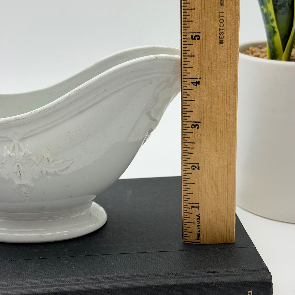 Antique Clementson Brothers White Ironstone Gravy Boat Embossed Leaf Hanley