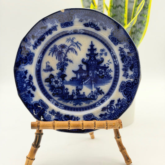 Antique Thomas Phillips & Son Lahore Burslem Flow Blue Plate Pagoda Chinoiserie