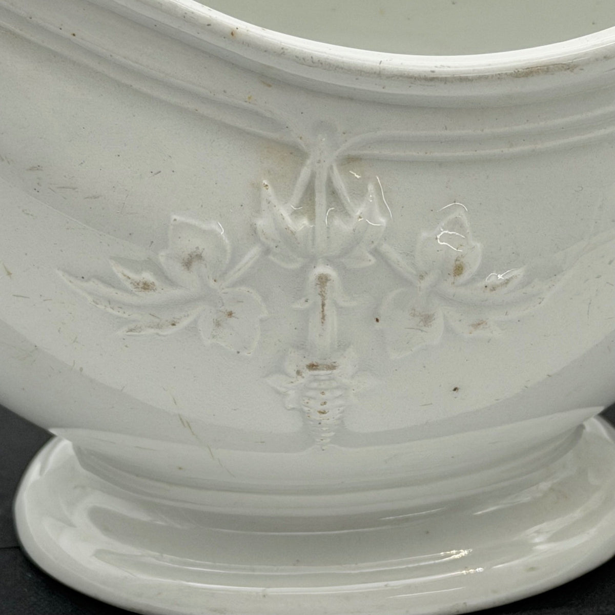 Antique Clementson Brothers White Ironstone Gravy Boat Embossed Leaf Hanley