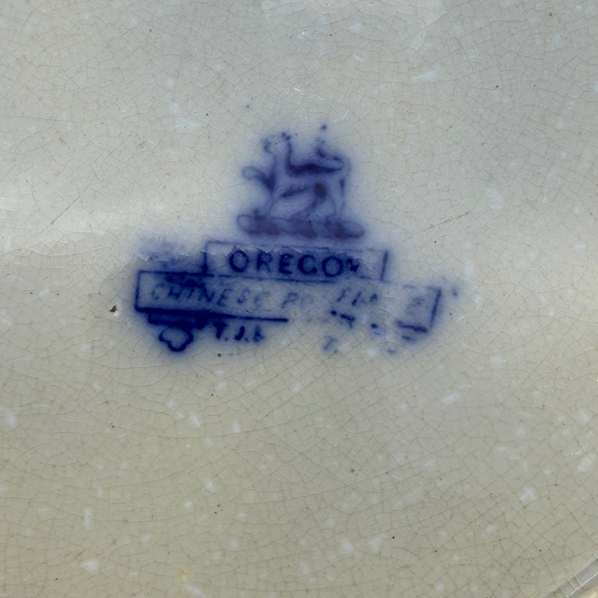 Antique T.J. & J. Mayer Oregon Flow Blue Plate Chinese Pagoda Stained & Crazed