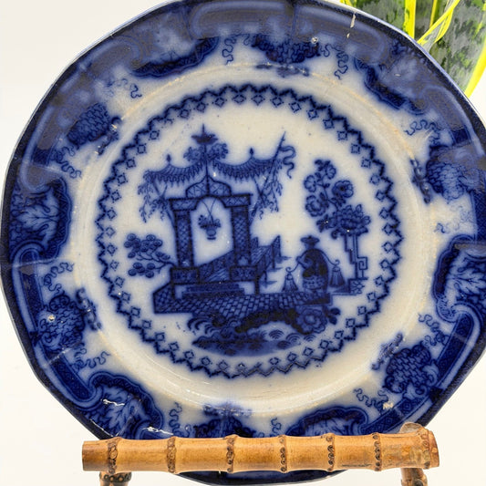 Antique T.J. & J. Mayer Oregon Flow Blue Plate Chinese Pagoda Stained & Crazed