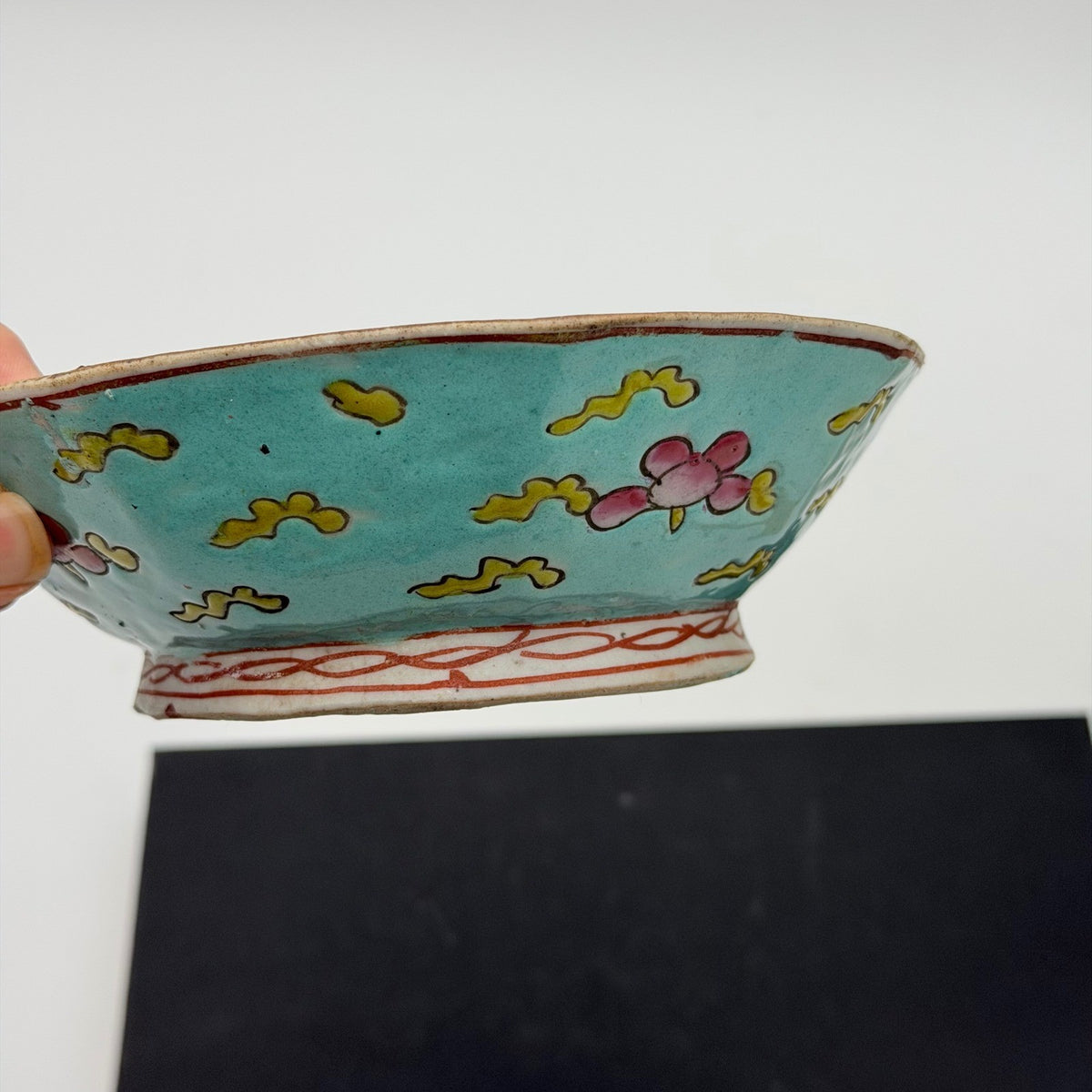 Antique Nyonya Peranakan Octagonal Turquoise Footed Bowl Floral 5.5"