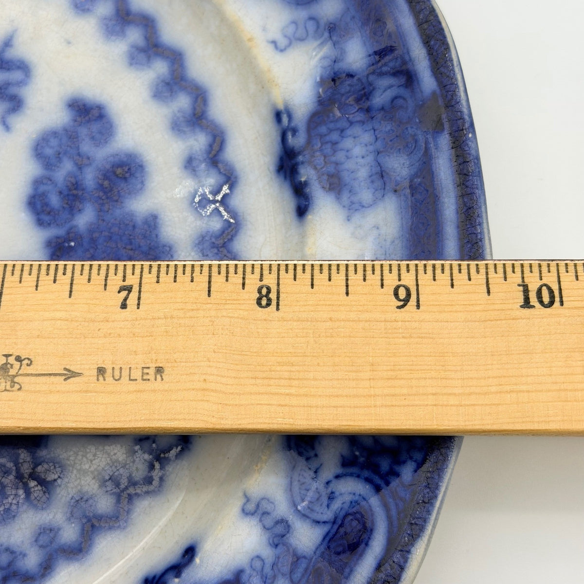 Antique T.J. & J. Mayer Oregon Flow Blue Plate Chinese Pagoda Stained & Crazed