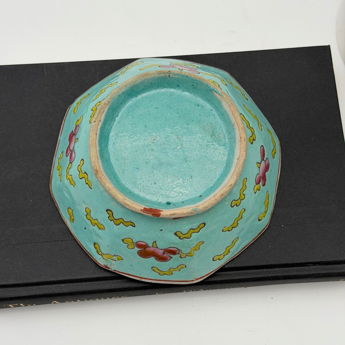 Antique Nyonya Peranakan Octagonal Turquoise Footed Bowl Floral 5.5"