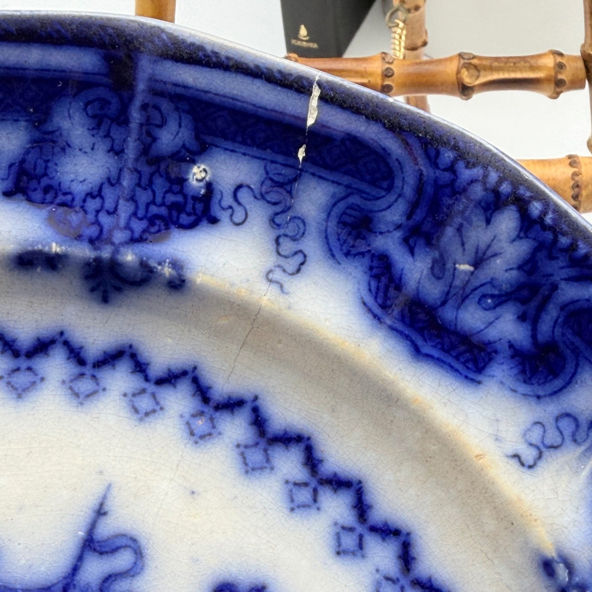 Antique T.J. & J. Mayer Oregon Flow Blue Plate Chinese Pagoda Stained & Crazed