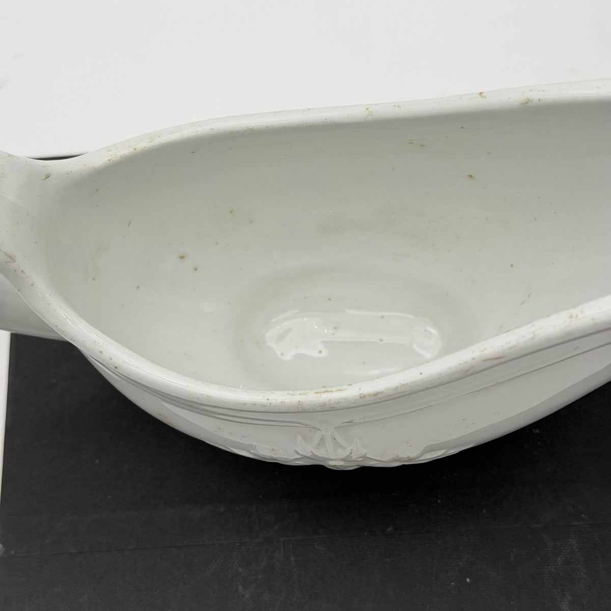Antique Clementson Brothers White Ironstone Gravy Boat Embossed Leaf Hanley