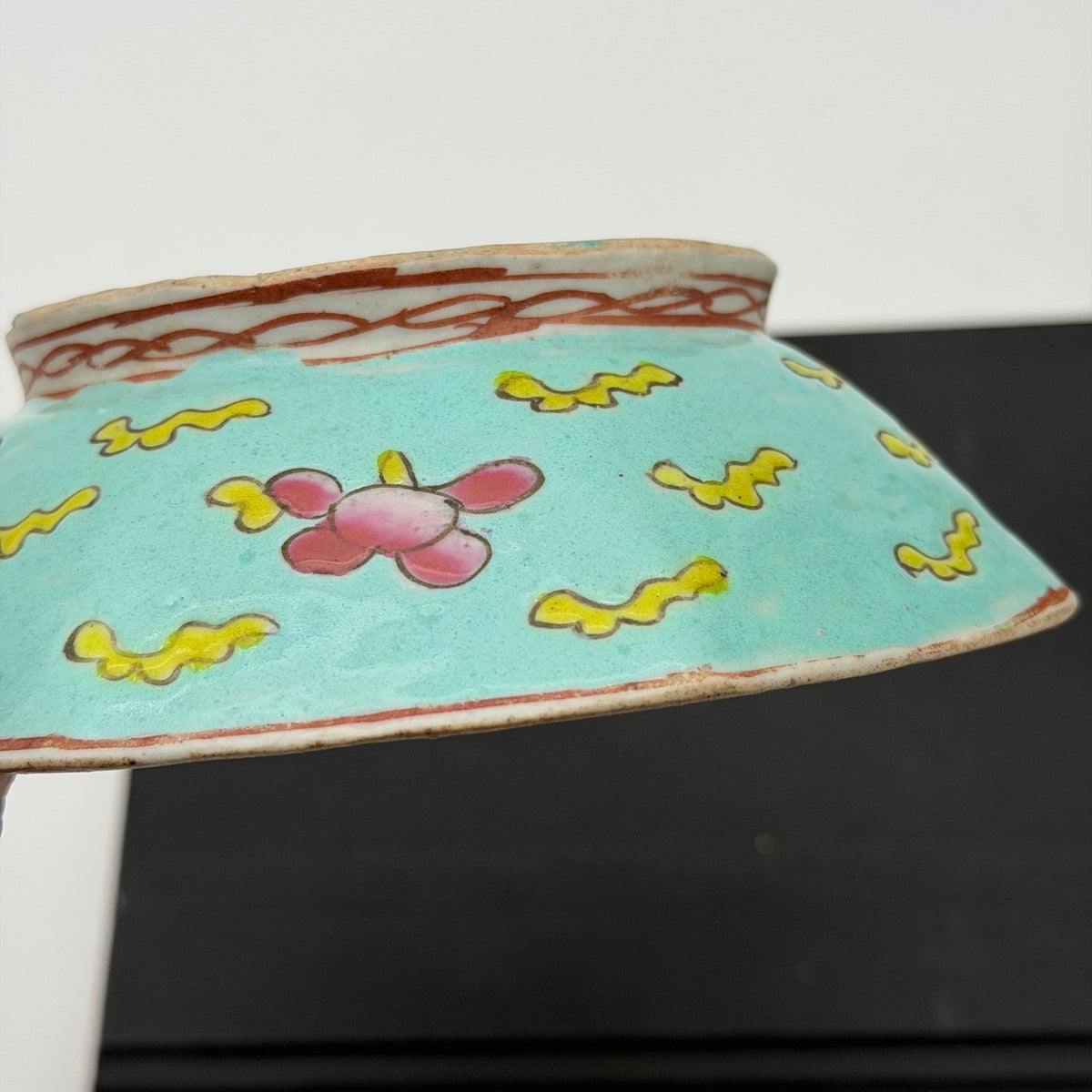 Antique Nyonya Peranakan Octagonal Turquoise Footed Bowl Floral 5.5"