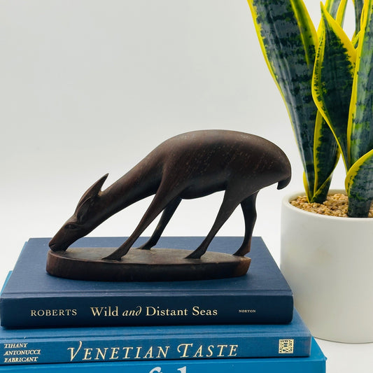 Vintage Hand Carved Wood Gazelle Grazing Antelope Figurine MCM Boho Decor