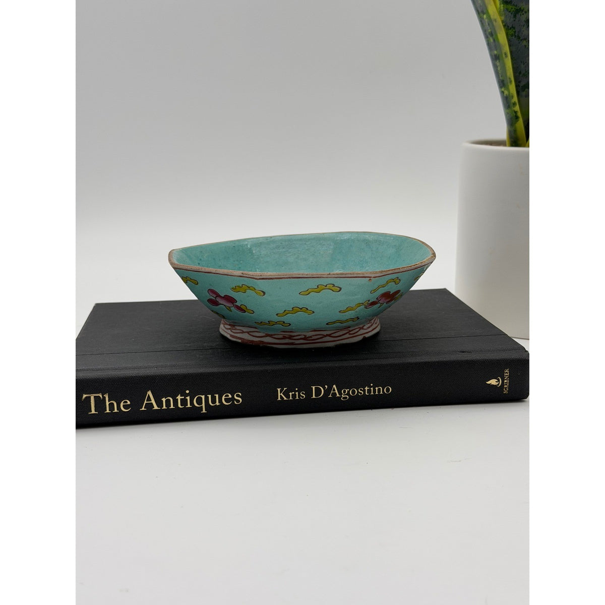 Antique Nyonya Peranakan Octagonal Turquoise Footed Bowl Floral 5.5"