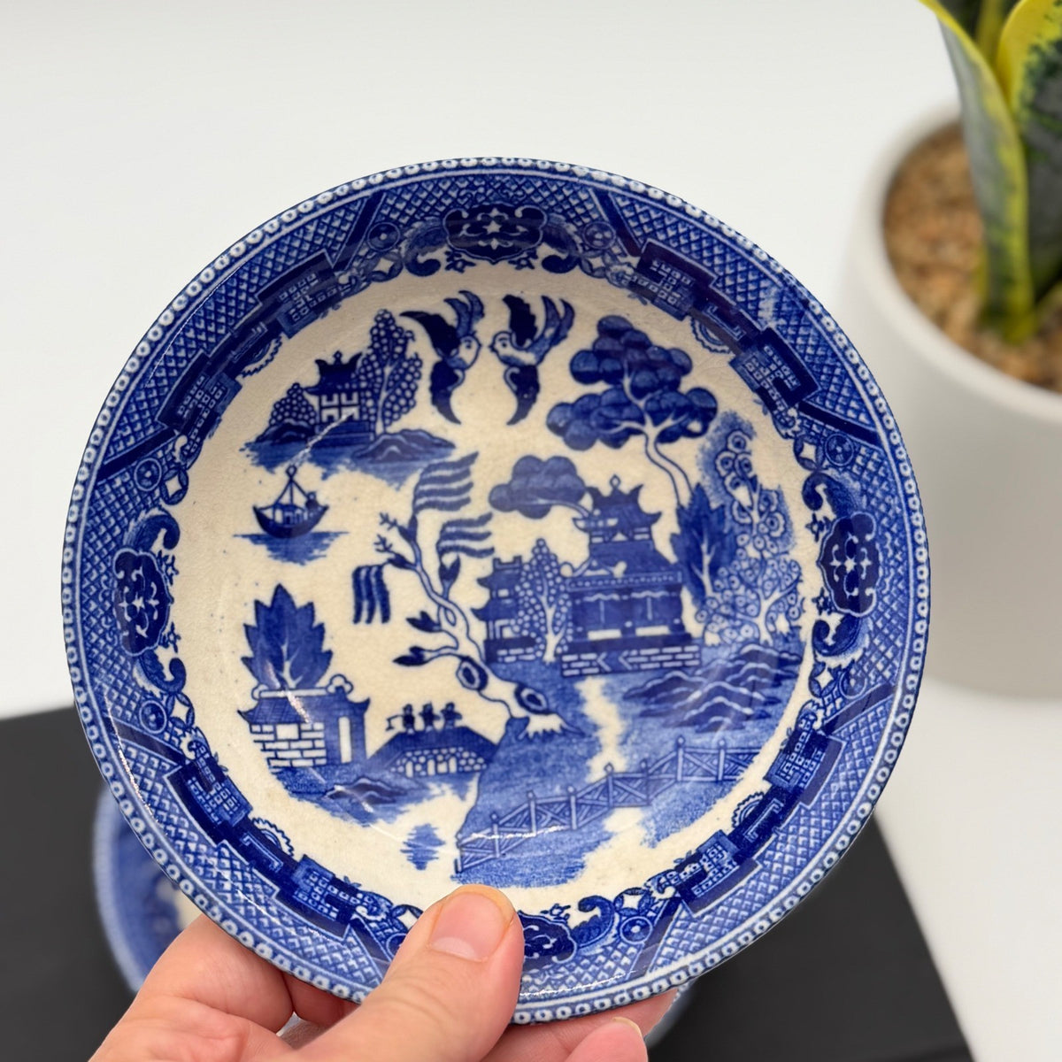 Vintage Japan Blue Willow Small Bowls 6" Cereal Stained and Crazed Set of 4