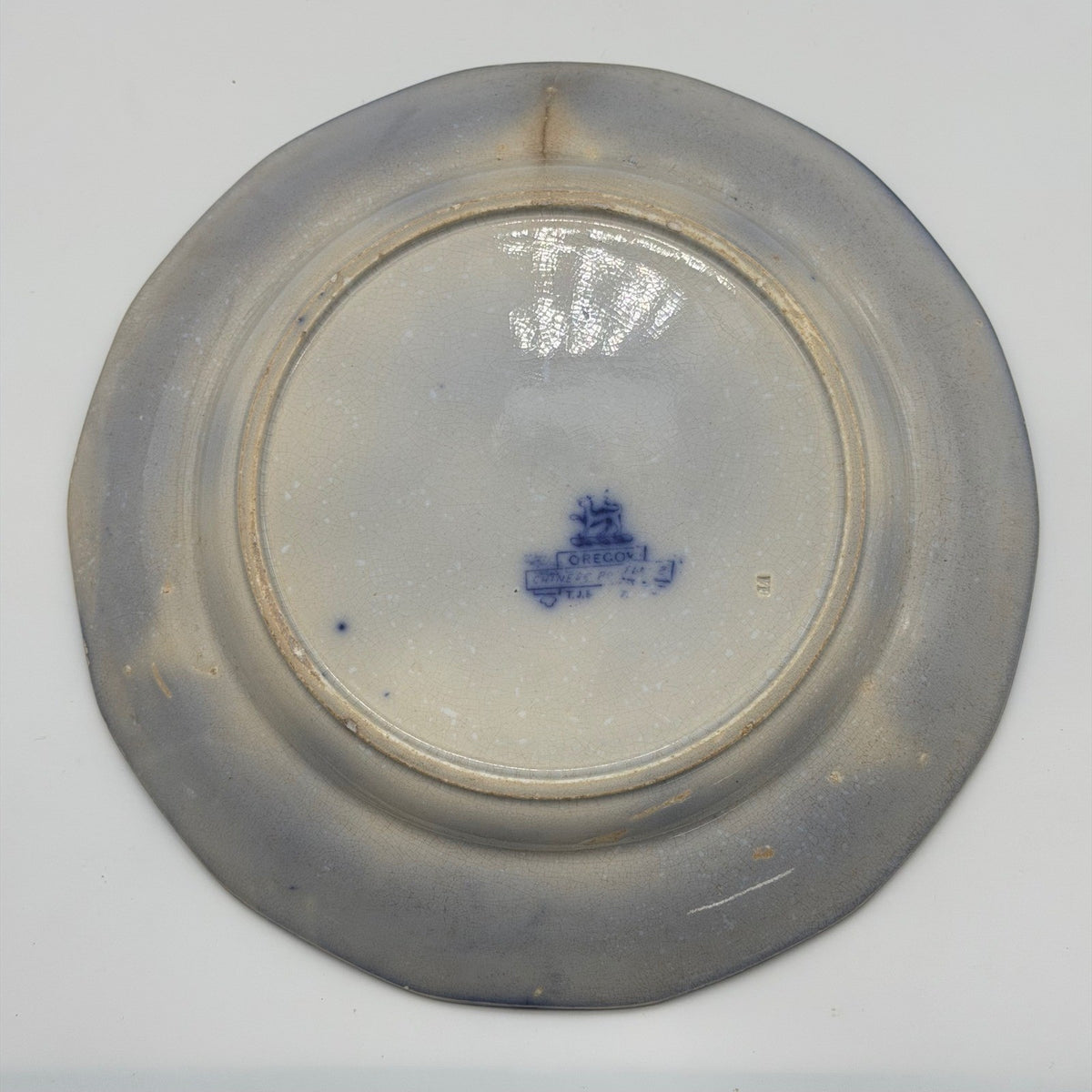 Antique T.J. & J. Mayer Oregon Flow Blue Plate Chinese Pagoda Stained & Crazed