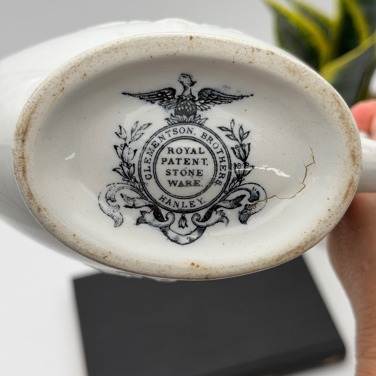 Antique Clementson Brothers White Ironstone Gravy Boat Embossed Leaf Hanley