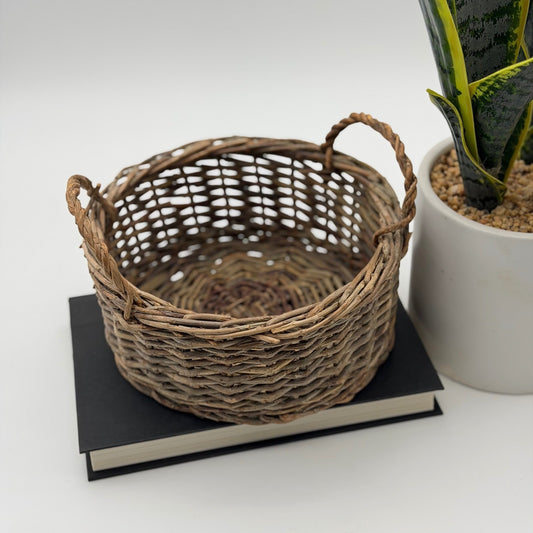 Vintage Hand Woven Twig Basket w Handles Round Decorative Rustic Farmhouse 7.5"