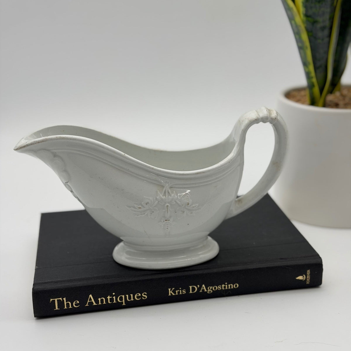 Antique Clementson Brothers White Ironstone Gravy Boat Embossed Leaf Hanley