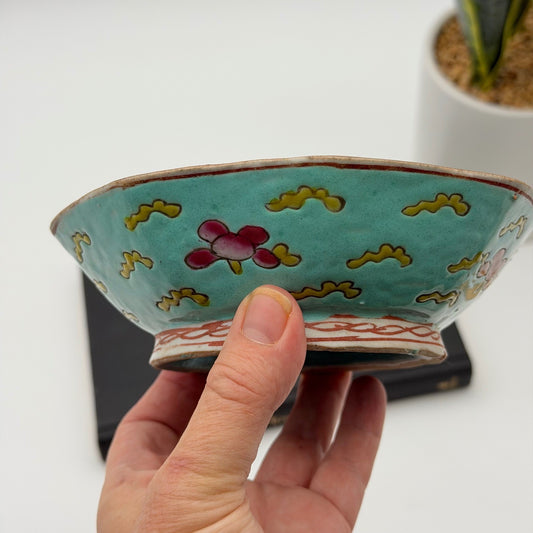 Antique Nyonya Peranakan Octagonal Turquoise Footed Bowl Floral 5.5"