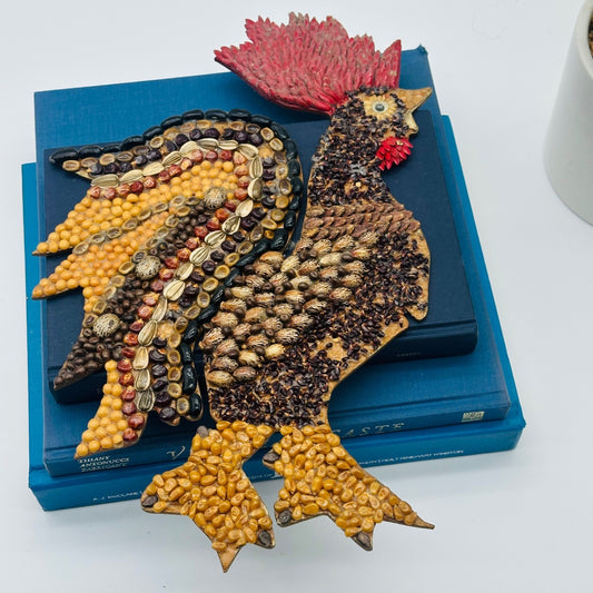 Handmade Vintage Seed Art Rooster Mosaic Folk Art Wall Decor Farmhouse Bird