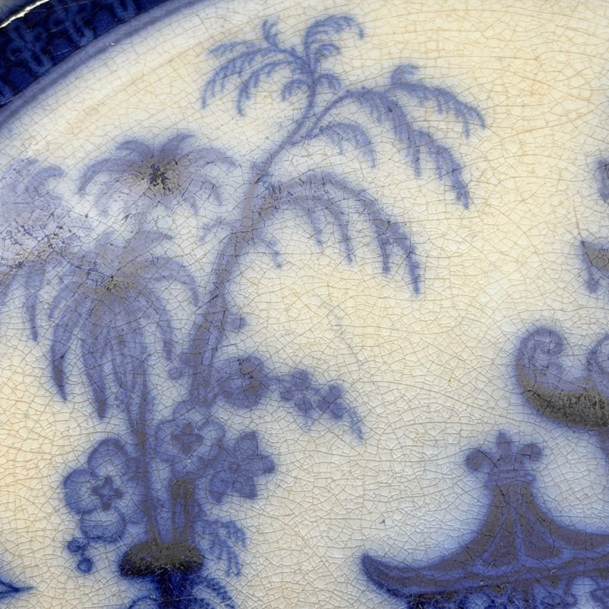 Antique Thomas Phillips & Son Lahore Burslem Flow Blue Plate Pagoda Chinoiserie
